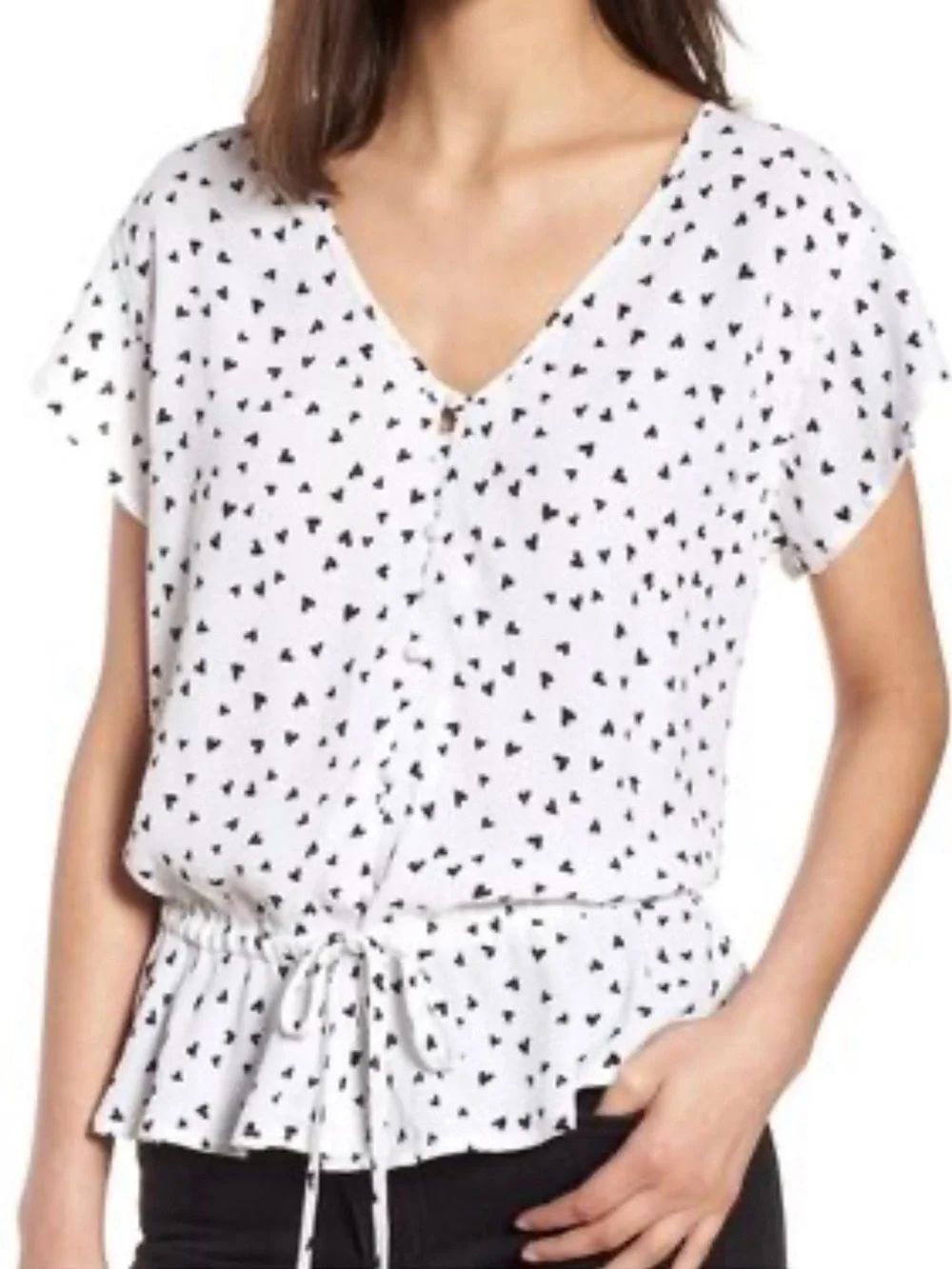 Rails White V-Neck Drawstring Peplum Blouse with Black Triangle Print S/P